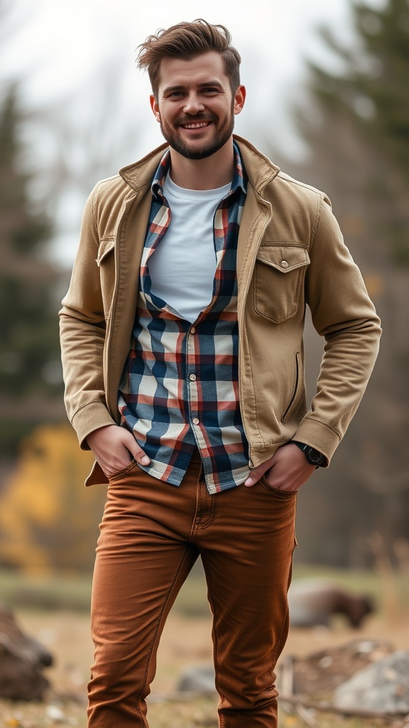 A man wearing brown jeans layered with a plaid shirt and a brown jacket, smiling and posing.