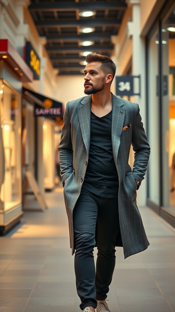 A stylish man wearing a long gray plaid blazer over a black t-shirt and black jeans, walking confidently in a shopping arcade.