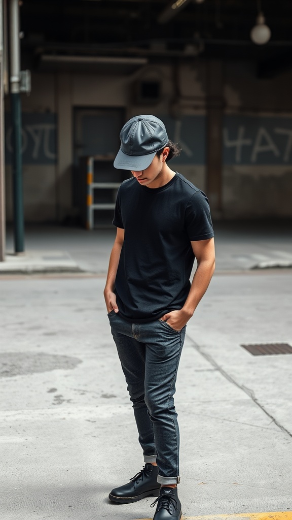A man wearing a leather cap, black basic tee, and black jeans, standing casually.