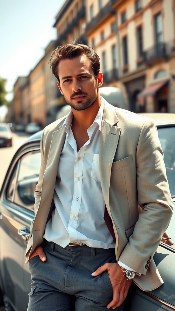 A man wearing a lightweight blazer over a linen shirt, leaning against a car in a city setting.