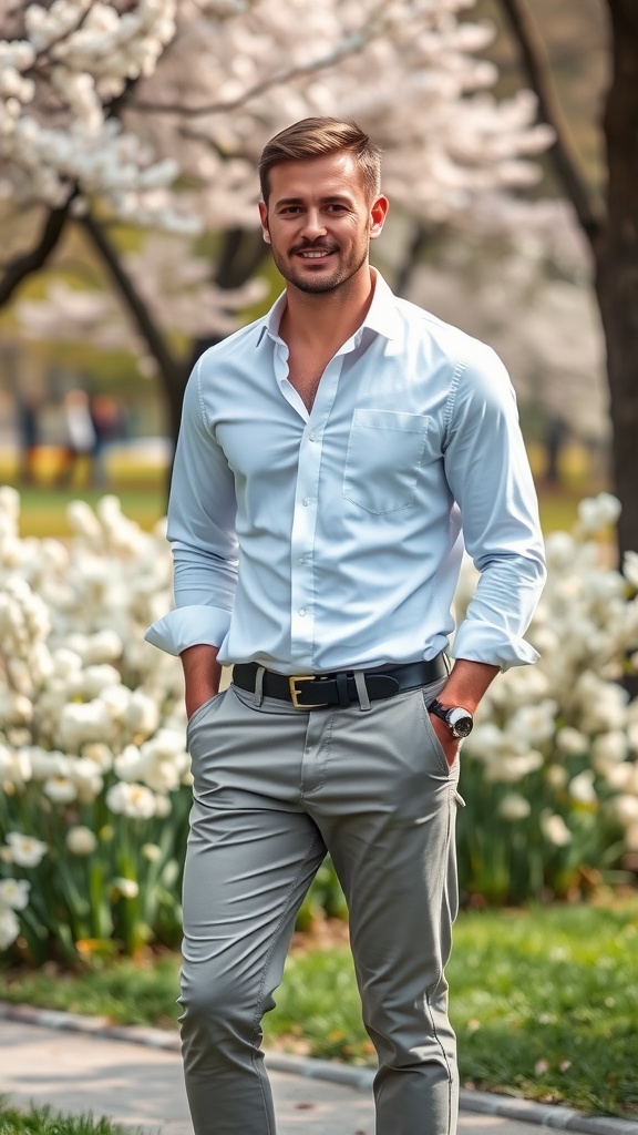 A man wearing lightweight chinos and a crisp white shirt stands confidently near blooming pink flowers.