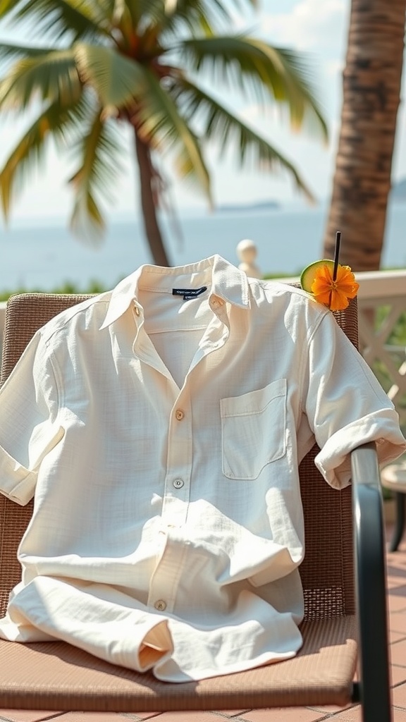 A lightweight linen shirt with an open collar on a lounge chair, with palm trees in the background.