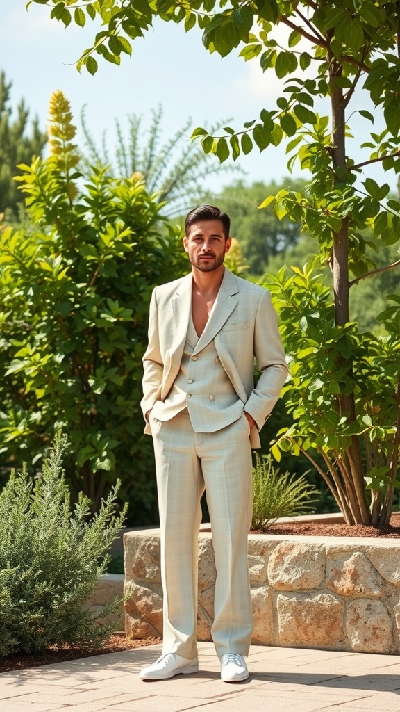 A lightweight linen suit hanging on a hanger outdoors, showcasing a relaxed and polished look for summer events.