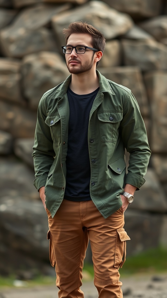 A mannequin showcasing a lightweight olive green field jacket over a blue shirt paired with brown khakis.