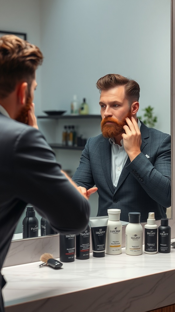 A man with a stylish haircut and beard grooming in front of a mirror, surrounded by various grooming products.
