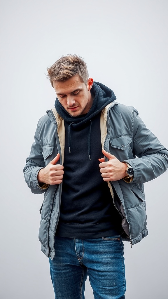 A man wearing a hoodie under a jacket, demonstrating stylish layering techniques.