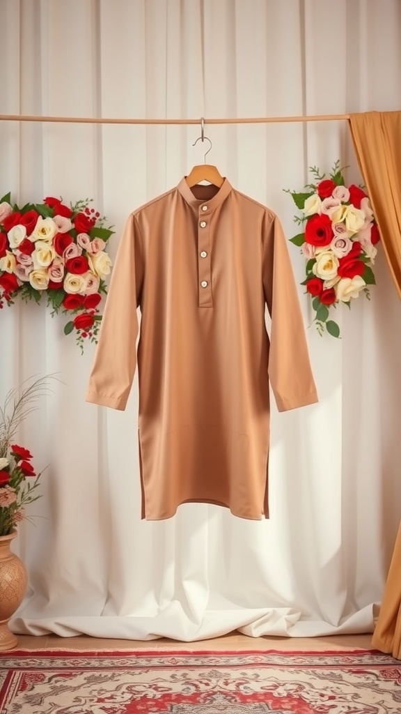 A minimalist solid color brown kurta displayed against a floral backdrop.