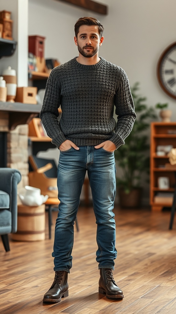 A man wearing a grey knit sweater and acid wash jeans, standing in a cozy indoor setting.