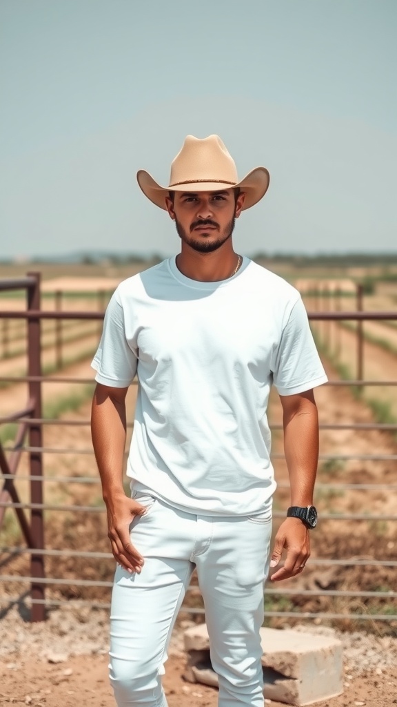 A man wearing a modern cowboy hat with a white tee and white jeans in an outdoor setting.