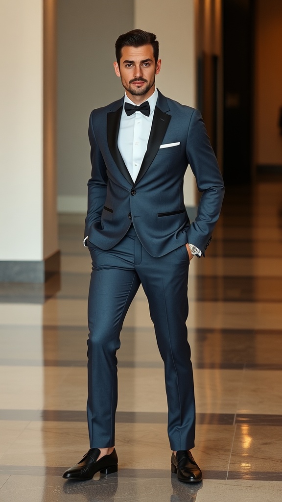 A modern slim-fit tuxedo featuring a black jacket with satin lapels, white dress shirt, bow tie, and black trousers.