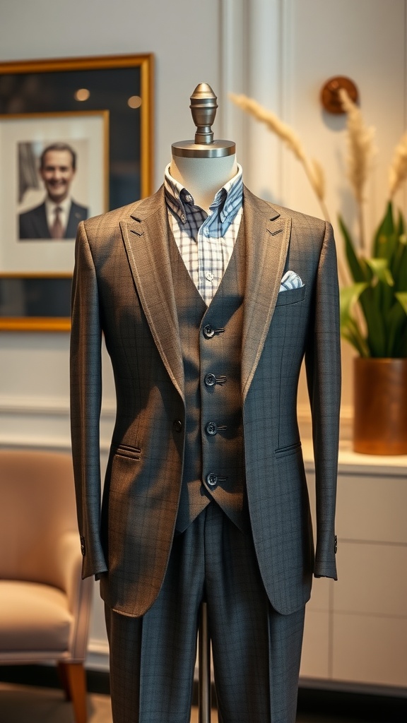 Modern three-piece suit displayed on a mannequin, featuring a grey check pattern, a plaid shirt underneath, and a pocket square.