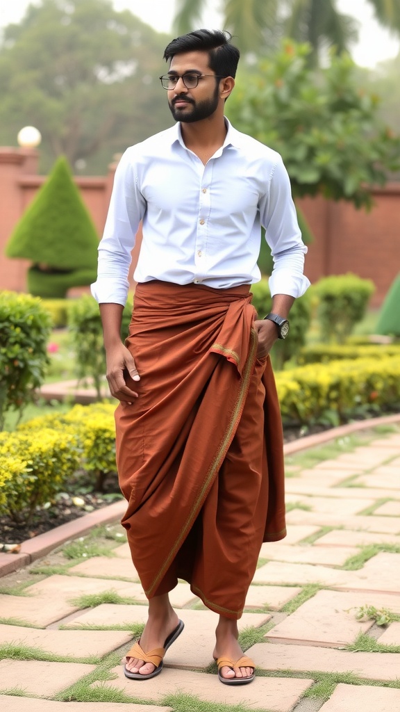 A man wearing a cream-colored dhoti and a navy blue shirt, standing in a garden.