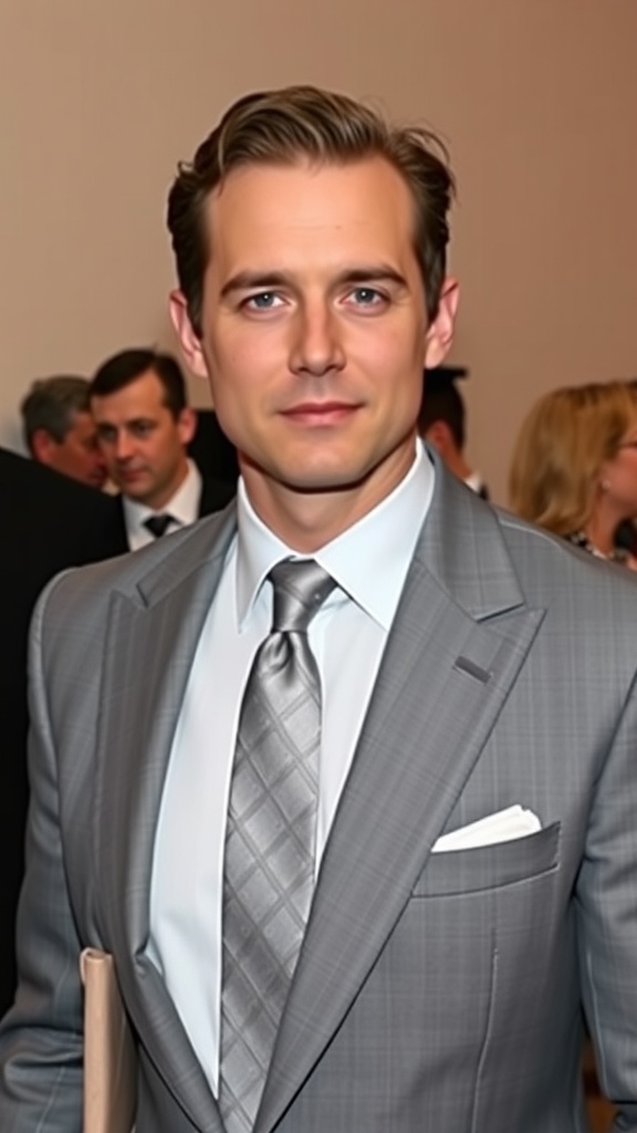 A man in a light grey suit and tie, looking stylish and confident.