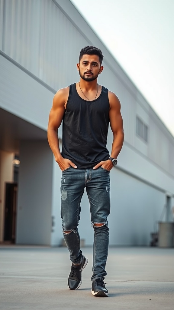 A man wearing a white tank top and light jeans, standing in an urban setting.