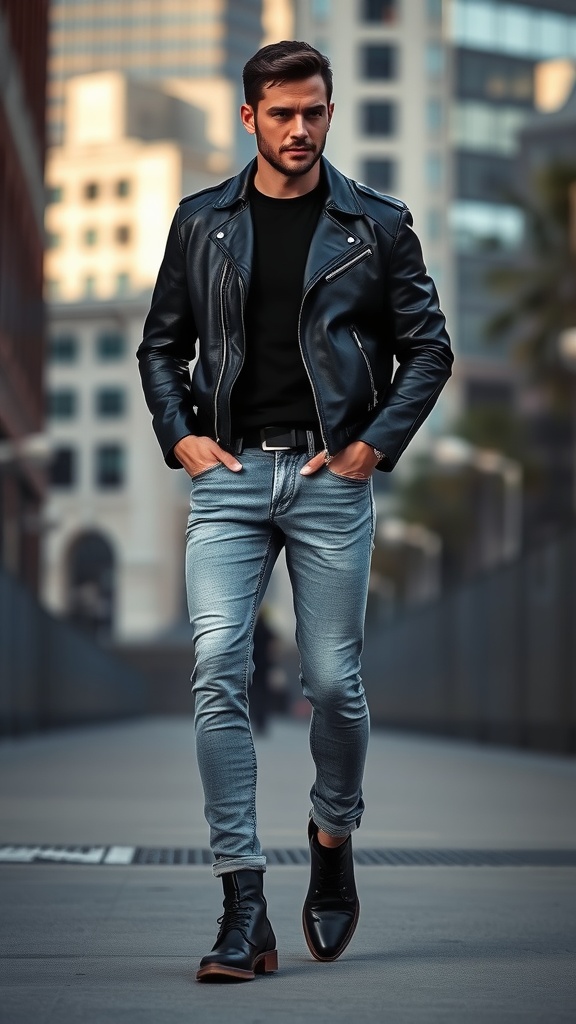 A person wearing acid wash jeans, a black leather jacket, and ankle boots, standing confidently on a city street.