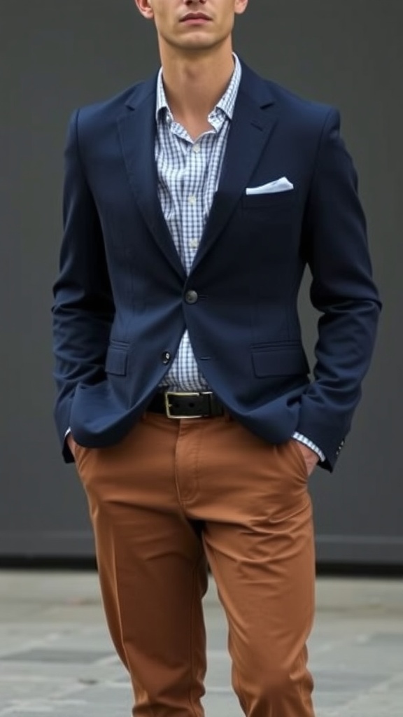 A man wearing a navy blazer and brown khakis, paired with a checkered shirt.