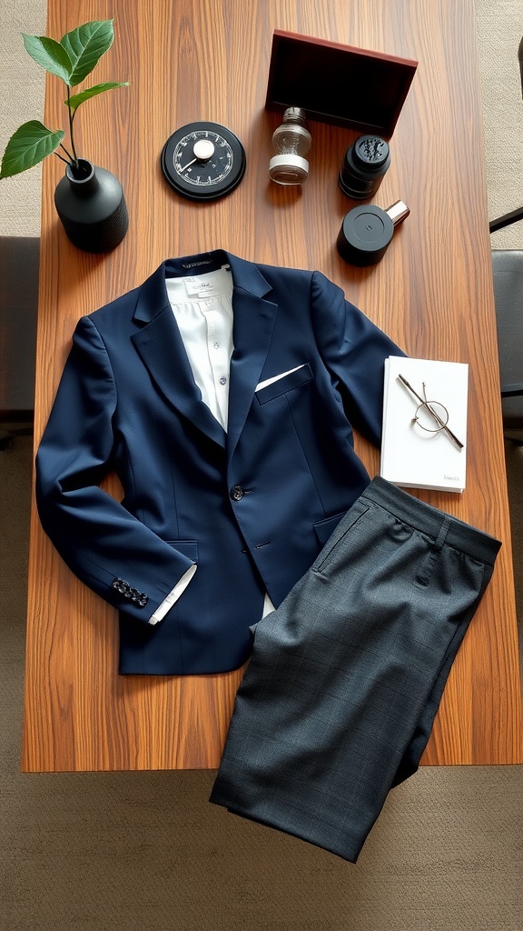 A navy blazer and gray trousers laid out on a wooden table with various accessories.