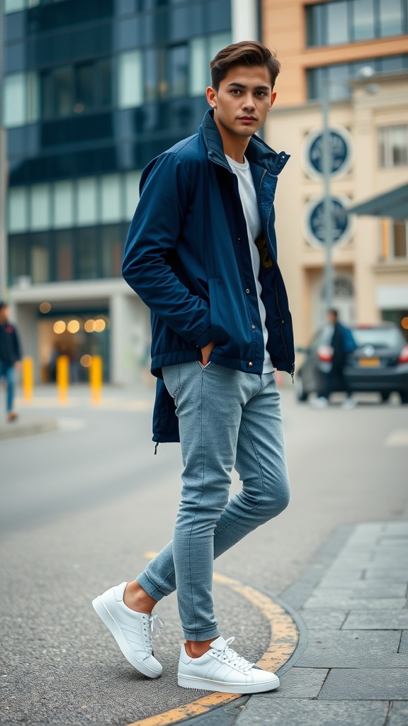 Man wearing a navy blue jacket, grey sweatshirt, black pants, and white sneakers in an urban setting