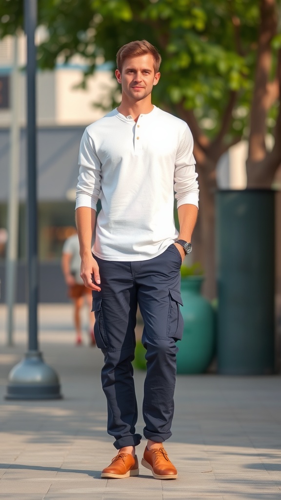 Man wearing navy cargo pants and a white henley shirt, standing outdoors.
