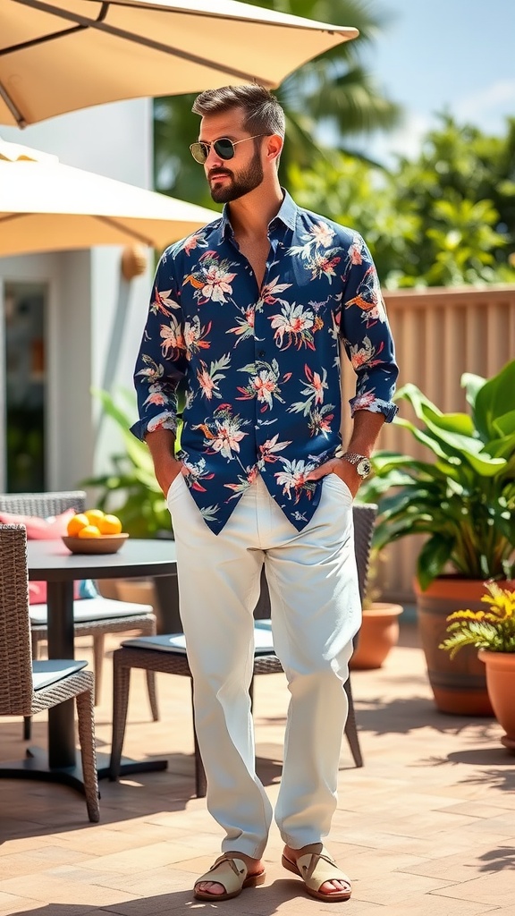 A person wearing a navy floral shirt and white linen trousers, styled casually with sunglasses and a belt.