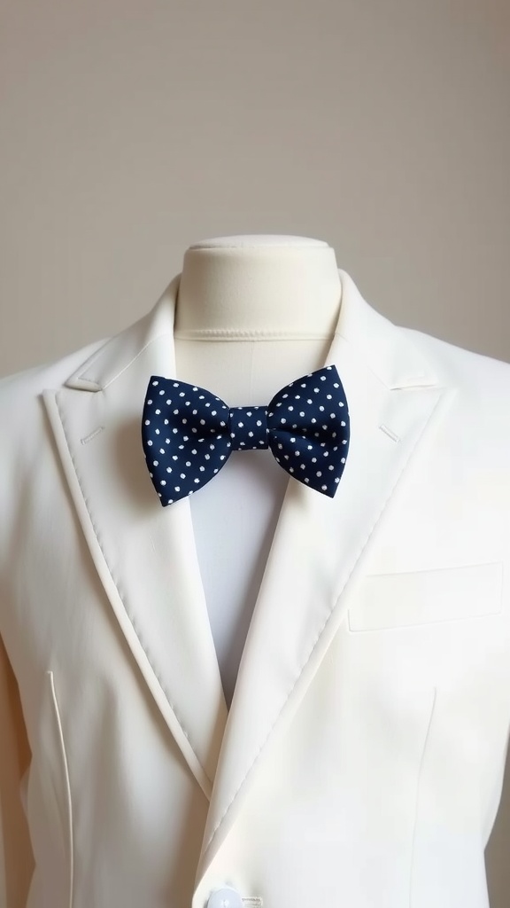 Navy polka dot bow tie on a white suit.