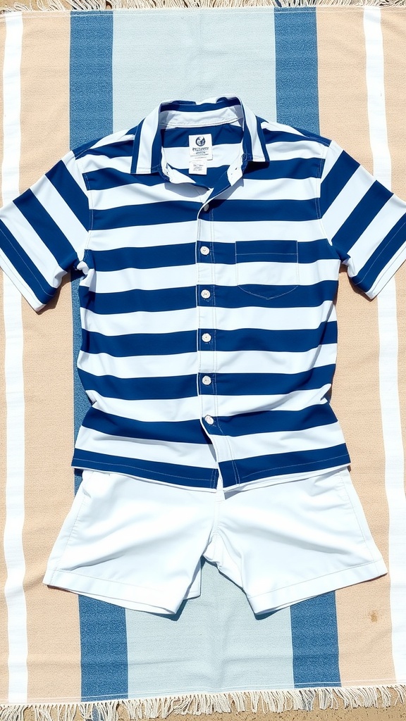Navy striped shirt paired with white shorts