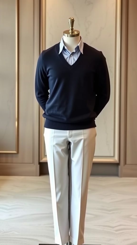A navy v-neck sweater displayed with white dress pants on a mannequin.