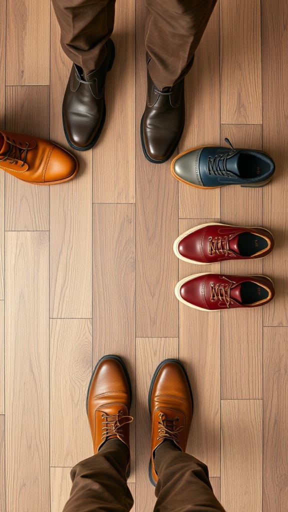 A top-down view of various footwear options paired with brown jeans on a wooden floor.