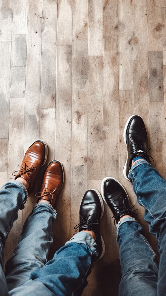 Two pairs of shoes, one brown and one black, paired with jeans on a wooden floor.