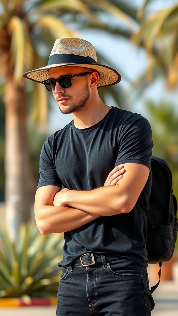 A person wearing a Panama hat with a black shirt and jeans, with palm trees in the background, showcasing a summer vibe.