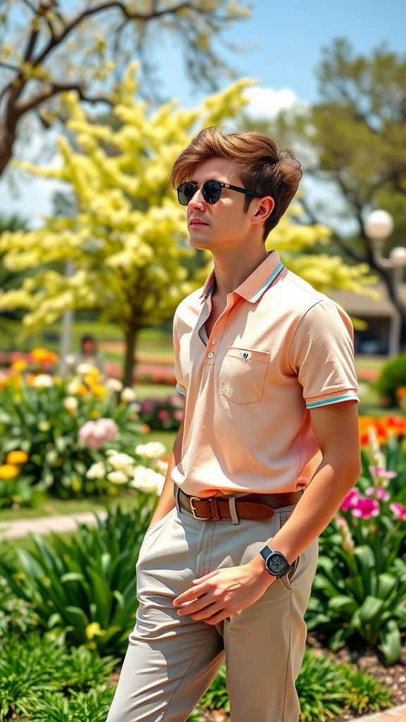 A young man wearing a pastel polo shirt and tailored trousers in a garden setting.