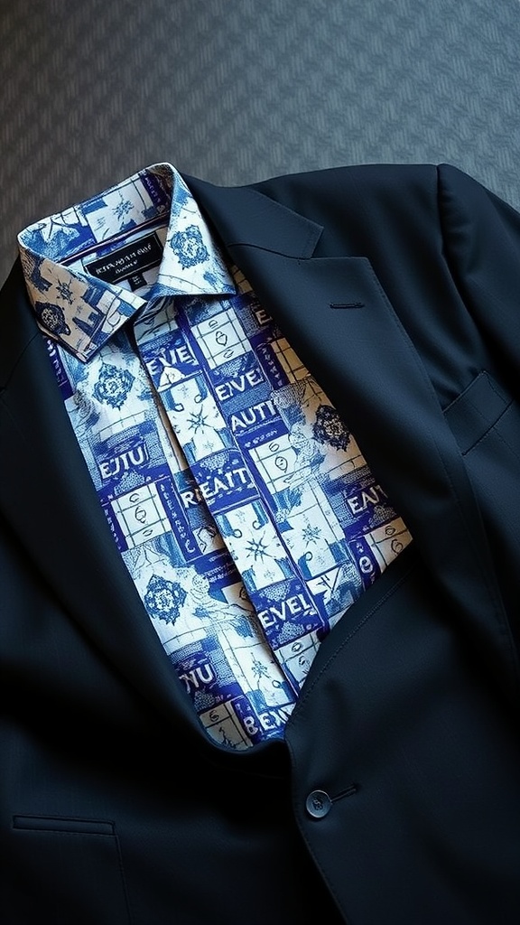 A close-up of a patterned dress shirt underneath a solid black suit jacket