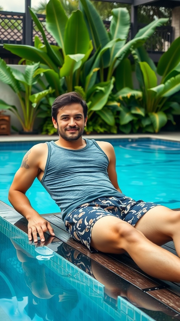 A man lounging by a pool wearing patterned swim trunks and a casual tank top.