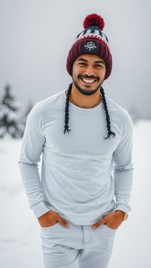 Man wearing a playful beanie with a pom, white basic tee, and white jeans.
