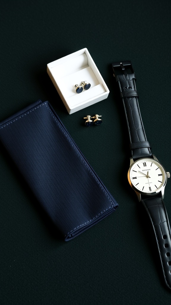 An elegant arrangement of a watch, cufflinks, and a wallet on a dark background.