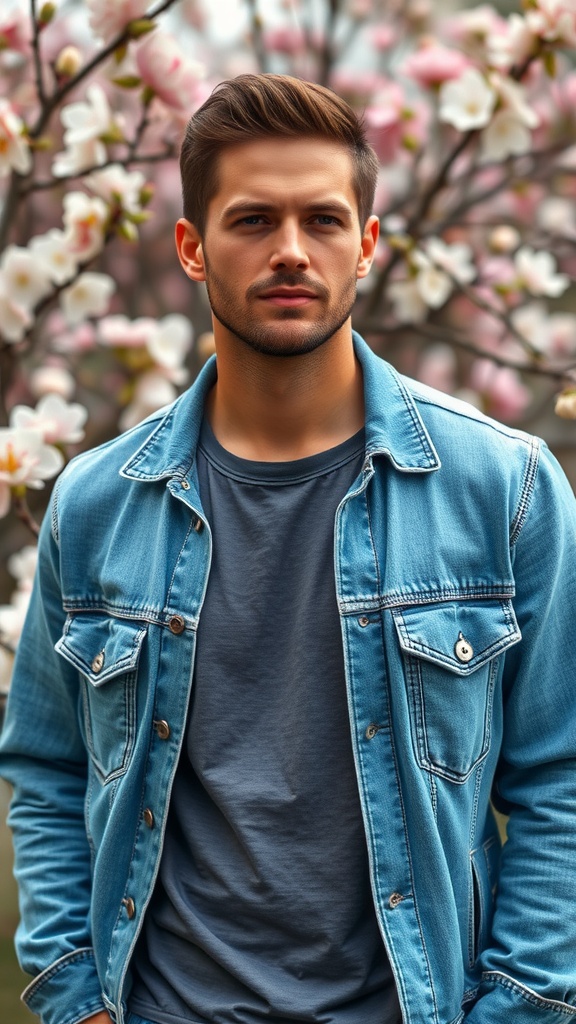 A relaxed fit denim jacket over a basic pink tee, surrounded by blooming flowers, representing a stylish spring outfit.