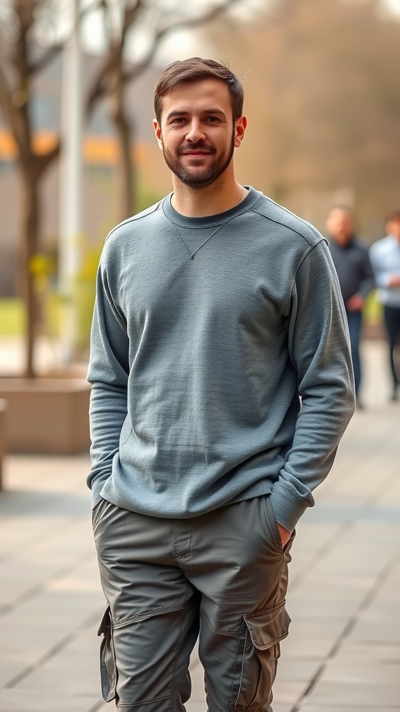 A man wearing a relaxed grey pullover and cargo pants, standing outdoors.