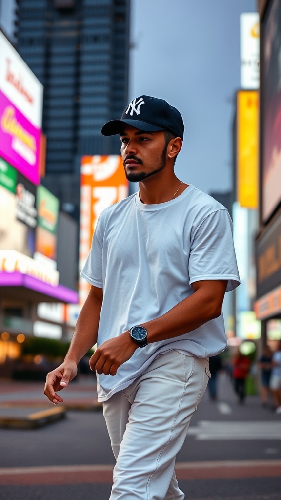 A man walking in a city wearing a white basic tee and white jeans paired with a retro snapback.