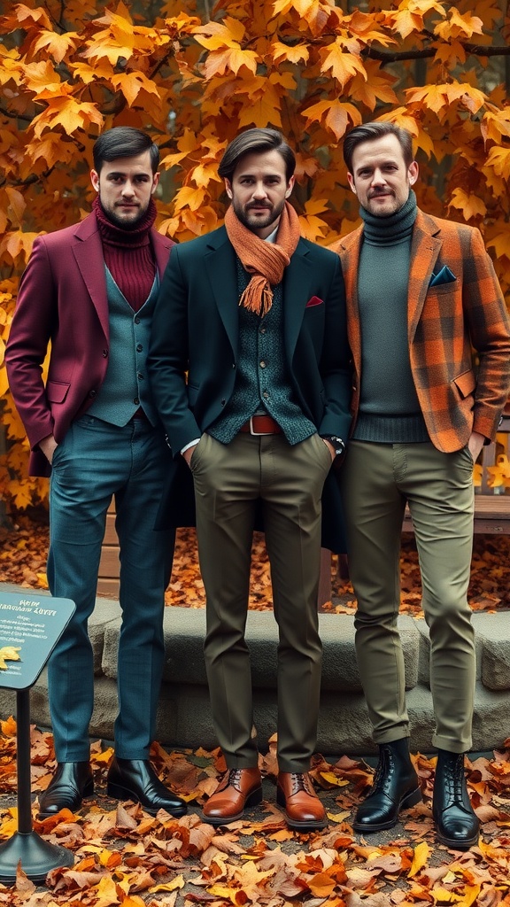 A collection of autumn outfits displayed among colorful fall leaves.