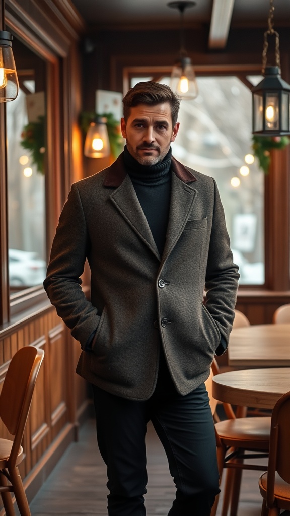 A man in a wool blazer and turtleneck standing in a cozy indoor setting.