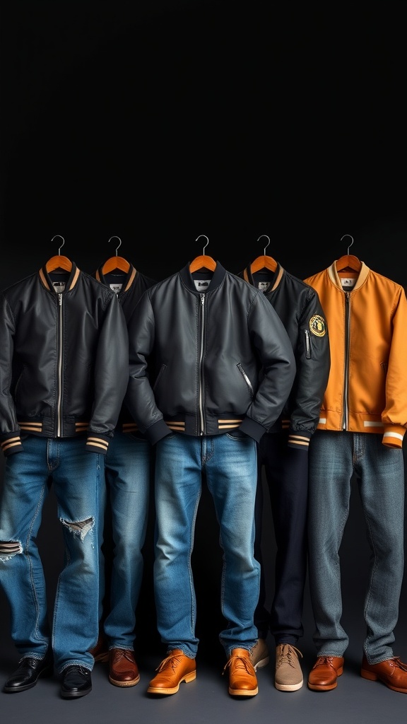 Variety of bomber jackets on hangers next to different styles of jeans
