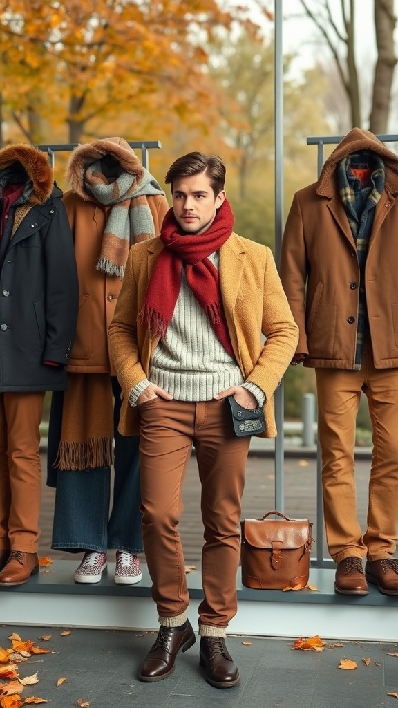 Three mannequins showcasing seasonal outfits featuring brown jeans in a fall setting.