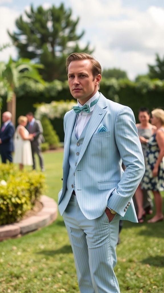 Man in a light blue seersucker suit with a bow tie, standing outdoors