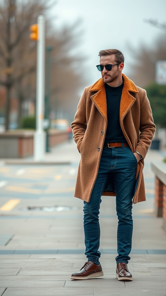 A man wearing a stylish brown coat with an orange collar, dark sweater, blue pants, and sunglasses, standing confidently outdoors.