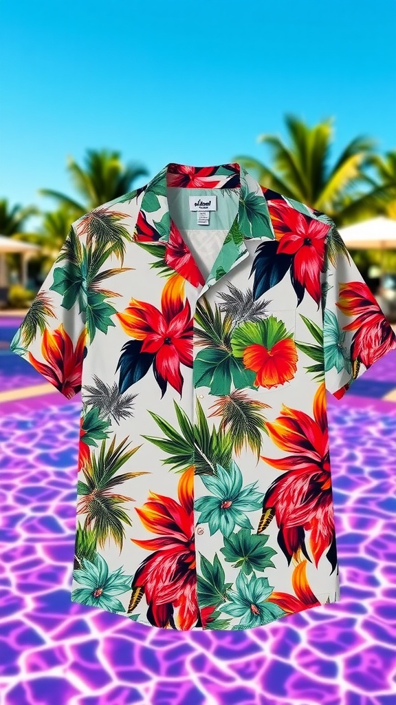 Short-sleeve button-up shirt with tropical prints against a pool background