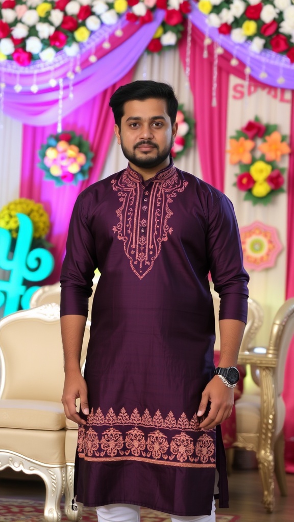 A traditional short kurta displayed on a mannequin, featuring intricate motifs and a light color scheme.
