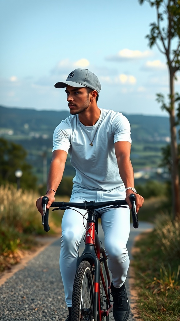A man wearing a sleek cycling cap, white basic tee, and white jeans while riding a bicycle.