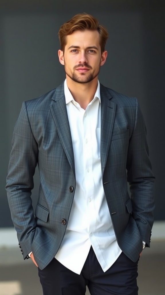 A man wearing a grey blazer over a white shirt, presenting a smart-casual look.