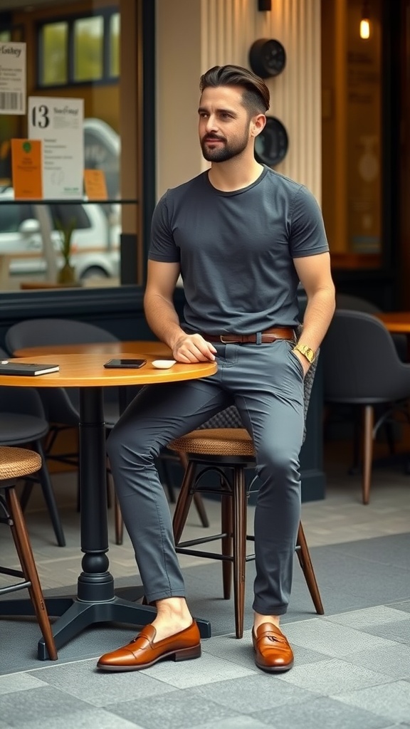 A man sitting in a cafe wearing chinos and loafers, with a coffee cup on the table.