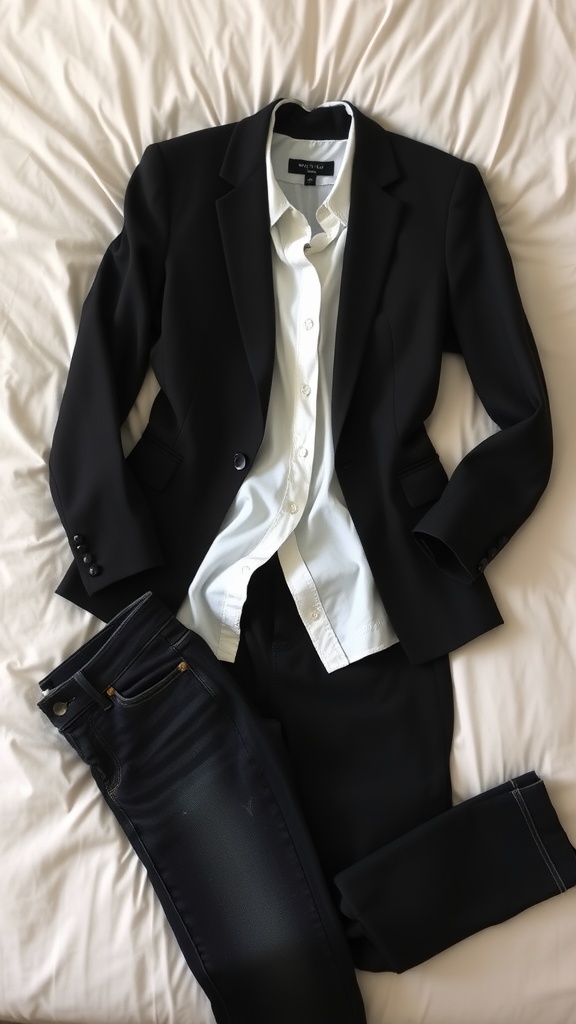 a smart casual outfit featuring a tailored blazer paired with dark jeans, laid out on a contemporary styled bed